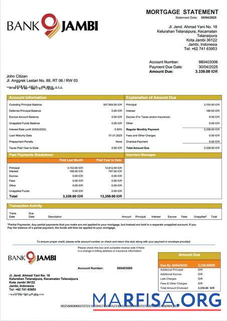 Blank Indonesia Bank Jambi mortgage statement Word and PDF template